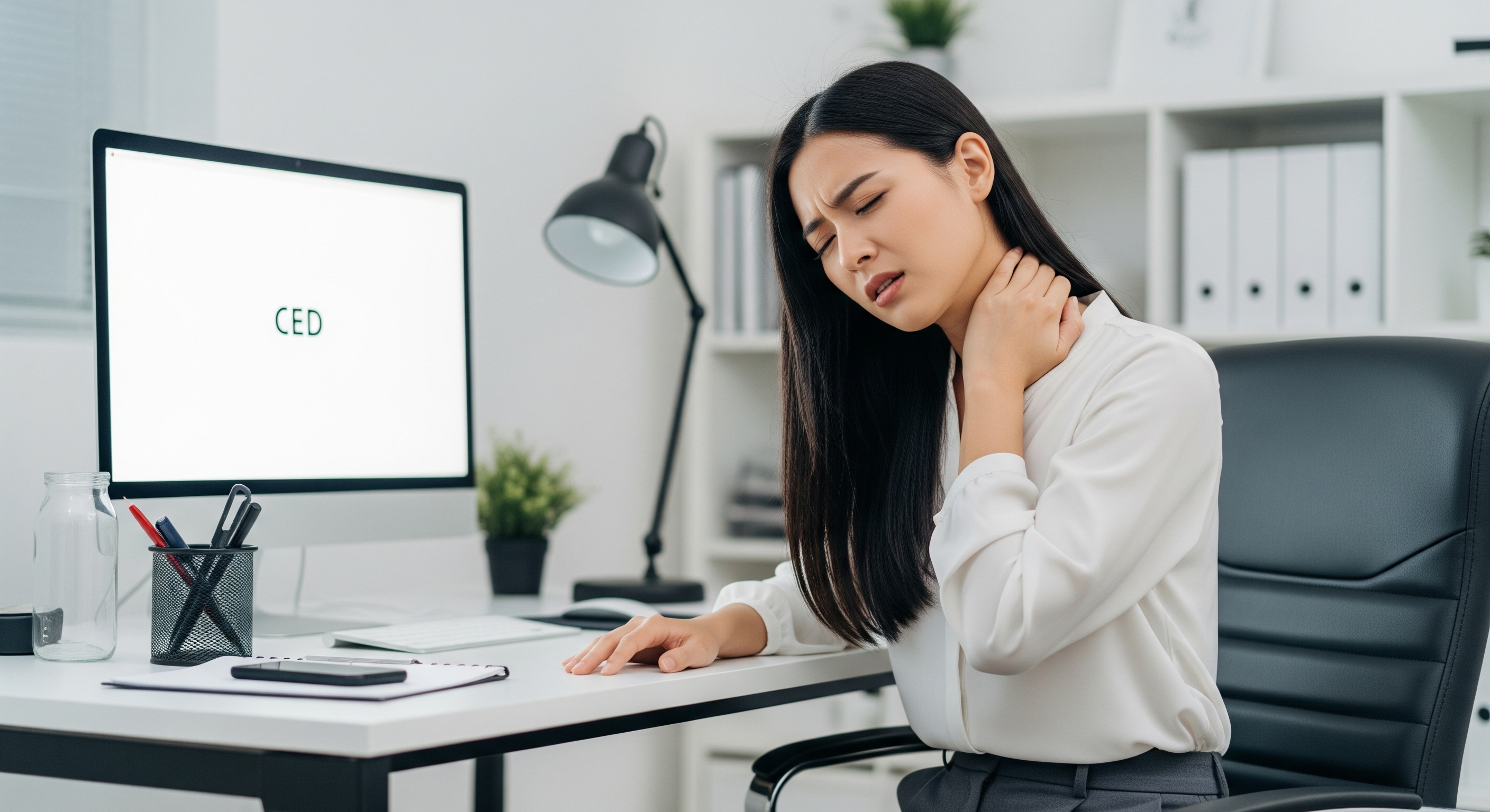 Mujer con dolor de cuello sentada en su escritorio